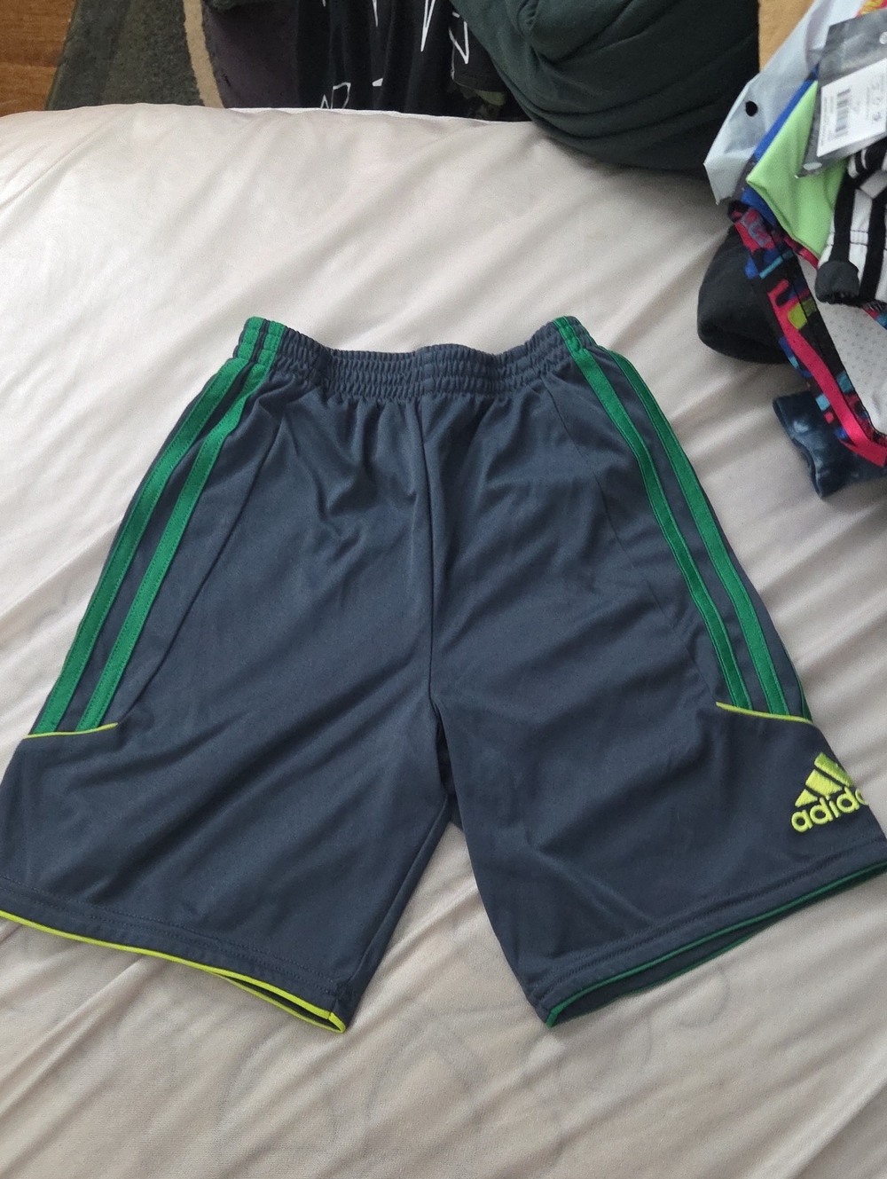 2 for $10 adidas Youth Gray Athletic Shorts with Green Stripes - Size 7